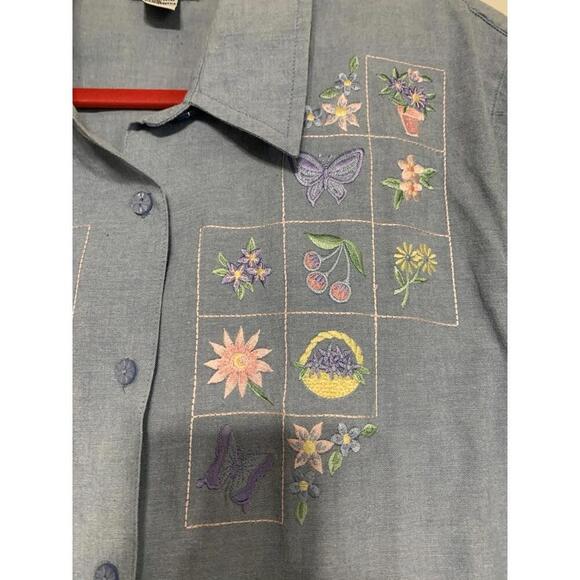 Vintage Alfred Dunner Blue Chambray Floral Embroidered Button Up Top Sz 24W - Picture 3 of 7